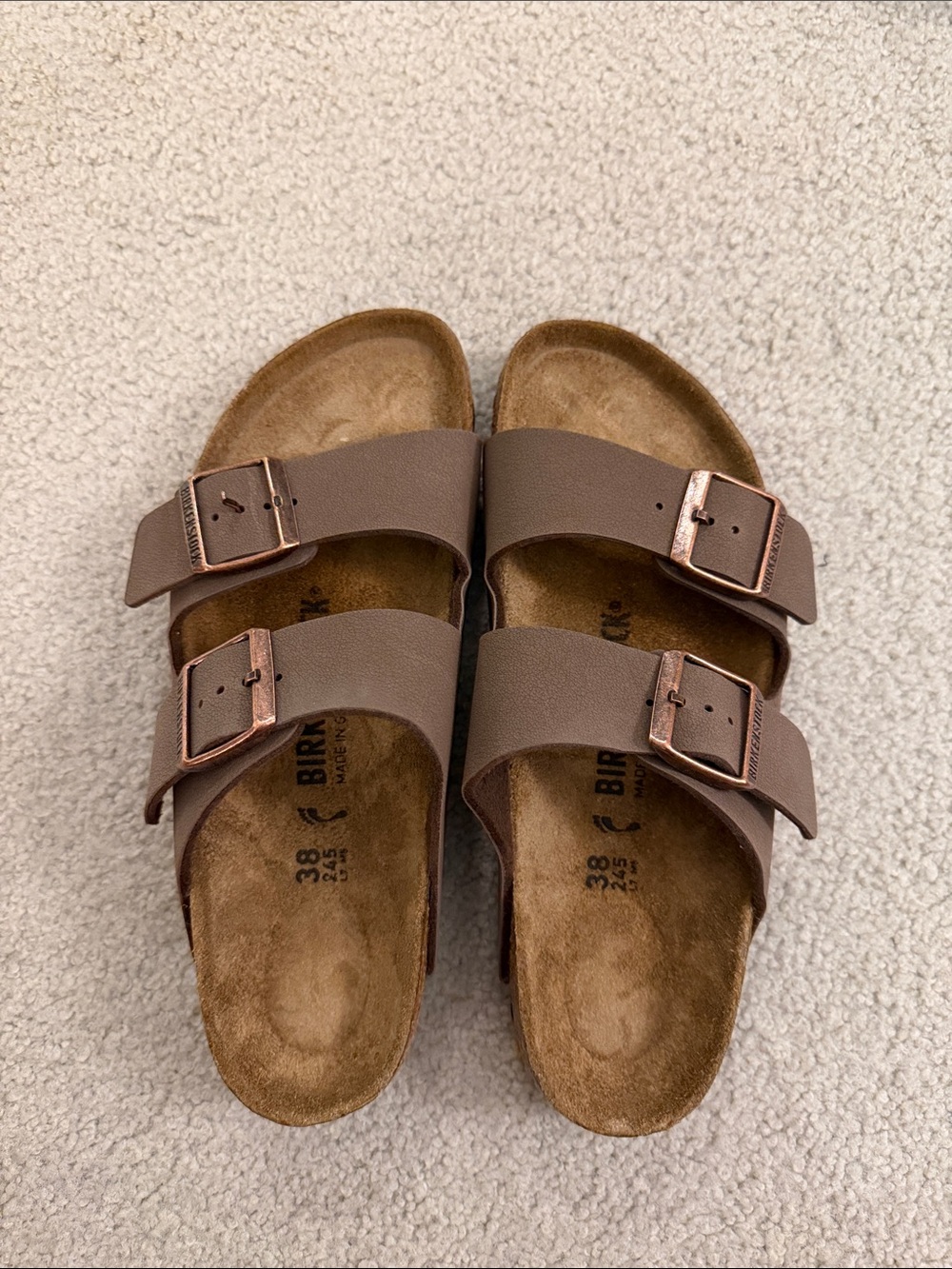 Birkenstock Women’s Brown Arizona Two-Strap Sandals with Copper Buckles Size 38